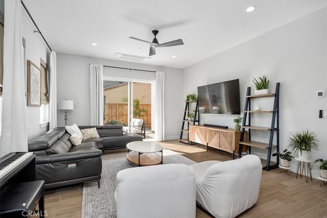 160 Earthwood Ln, San Luis Obispo, CA 93401 - living room featuring a ceiling fan, wood finished floors, baseboards, visible vents, and recessed lighting