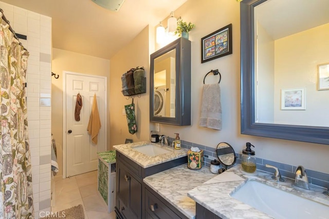 5270 E Anaheim Rd Unit 2, Long Beach, CA 90815 - bathroom with double vanity, curtained shower, and tile patterned flooring