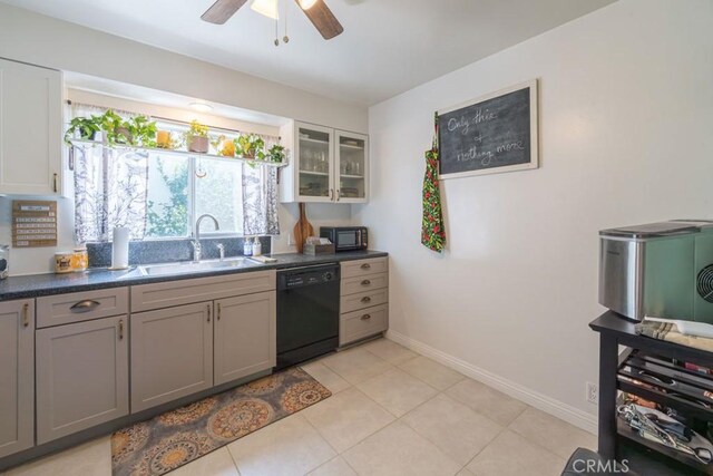 5270 E Anaheim Rd Unit 2, Long Beach, CA 90815 - kitchen featuring black appliances, a sink, dark countertops, ceiling fan, and glass insert cabinets