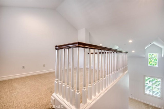 stairs featuring baseboards, carpet flooring, lofted ceiling, and recessed lighting