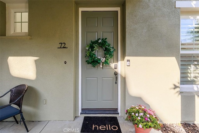 view of exterior entry with stucco siding