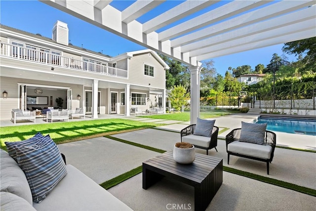 view of patio / terrace featuring an outdoor living space, a fenced in pool, fence, a balcony, and a pergola