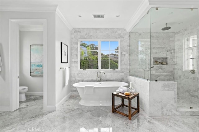 full bathroom featuring a stall shower, crown molding, marble finish floor, visible vents, and a healthy amount of sunlight