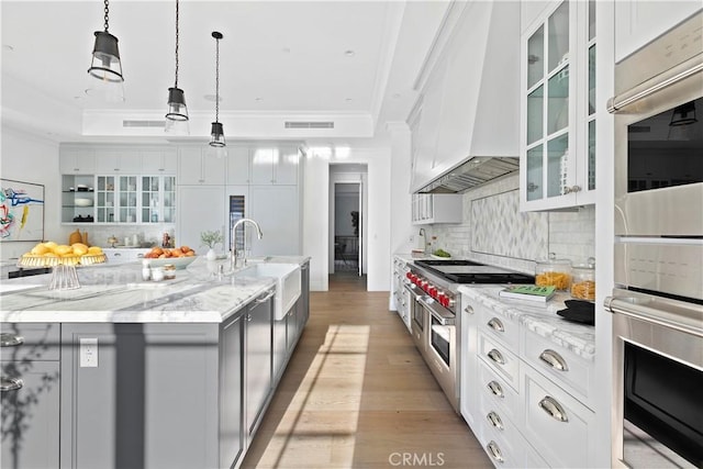 kitchen featuring a tray ceiling, custom range hood, ornamental molding, and stainless steel appliances