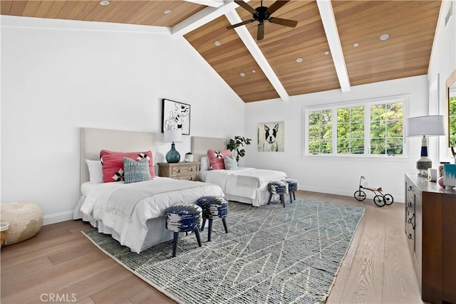 bedroom with light wood-type flooring, high vaulted ceiling, baseboards, wood ceiling, and beam ceiling