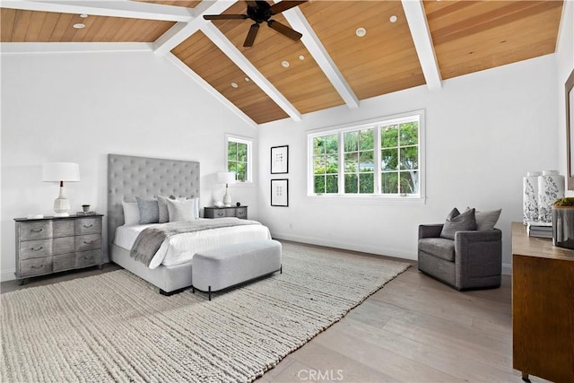 bedroom with wooden ceiling, baseboards, beamed ceiling, a ceiling fan, and wood finished floors