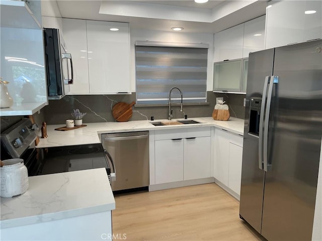 2405 Via Mariposa W Unit 1B, Laguna Woods, CA 92637 - kitchen featuring appliances with stainless steel finishes, a sink, modern cabinets, white cabinetry, and recessed lighting