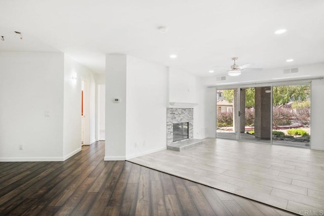 11365 Affinity Ct Unit 192, San Diego, CA 92131 - unfurnished living room featuring ceiling fan, wood finished floors, recessed lighting, and a fireplace