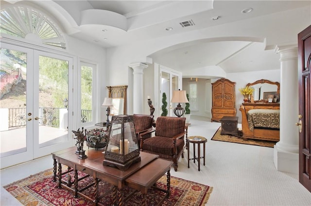 22751 Plummer St, Chatsworth, CA 91311 - living area featuring decorative columns, french doors, visible vents, arched walkways, and recessed lighting