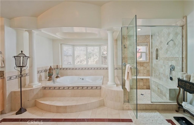 22751 Plummer St, Chatsworth, CA 91311 - bathroom featuring a stall shower, a garden tub, and ornate columns