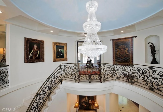 22751 Plummer St, Chatsworth, CA 91311 - stairway featuring an inviting chandelier and recessed lighting