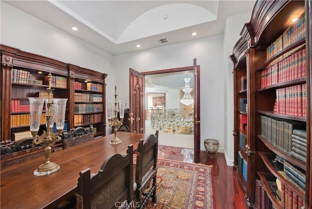 22751 Plummer St, Chatsworth, CA 91311 - home office with vaulted ceiling, wood finished floors, baseboards, visible vents, and recessed lighting