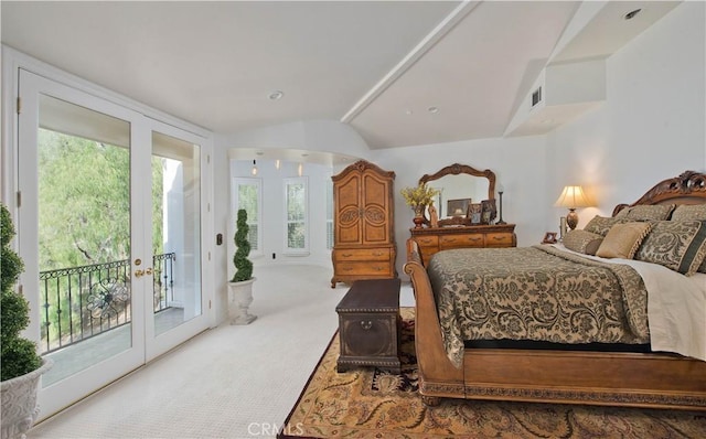 22751 Plummer St, Chatsworth, CA 91311 - carpeted bedroom featuring lofted ceiling, access to exterior, visible vents, and french doors