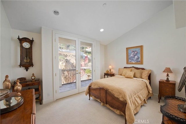 22751 Plummer St, Chatsworth, CA 91311 - bedroom featuring access to outside, recessed lighting, light carpet, lofted ceiling, and french doors