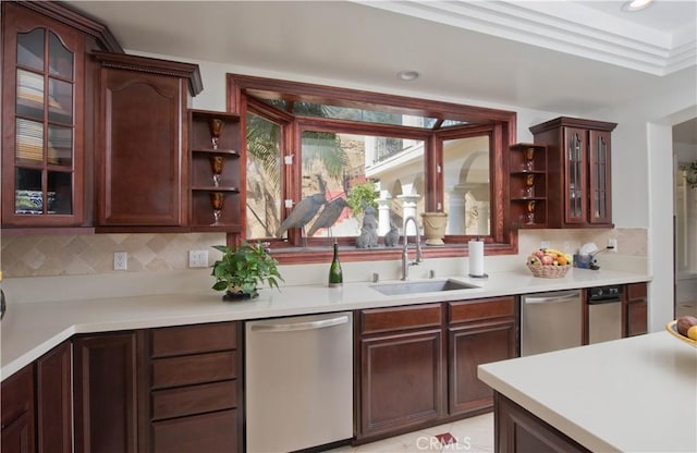 22751 Plummer St, Chatsworth, CA 91311 - kitchen featuring light countertops, open shelves, decorative backsplash, stainless steel dishwasher, and a sink