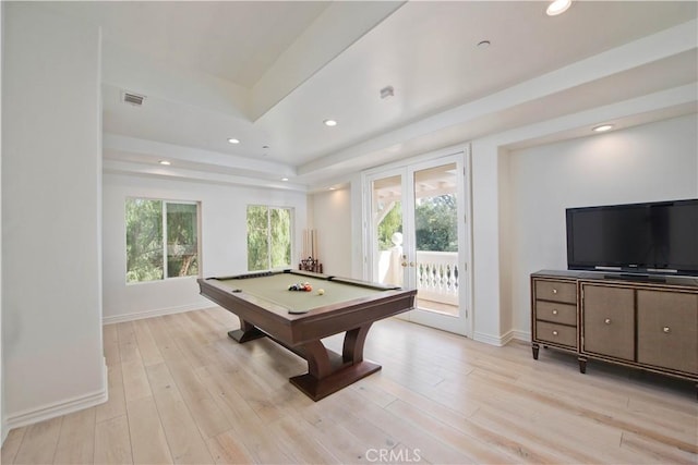22751 Plummer St, Chatsworth, CA 91311 - recreation room with baseboards, recessed lighting, light wood-type flooring, billiards, and a tray ceiling