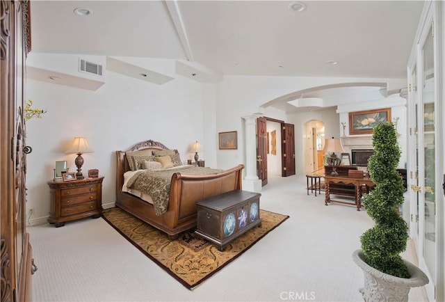 22751 Plummer St, Chatsworth, CA 91311 - carpeted bedroom with decorative columns, visible vents, and arched walkways