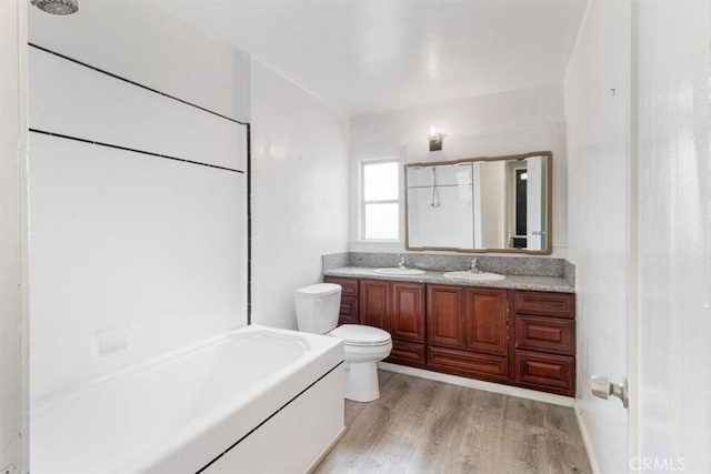 bathroom featuring toilet, vanity, and wood finished floors