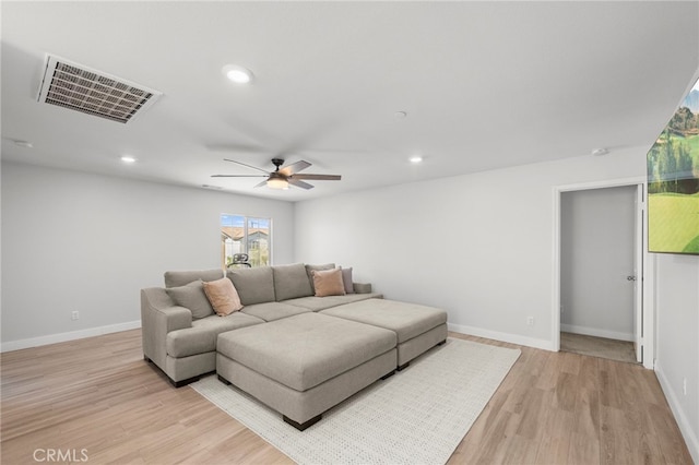 1772 Old Wagon Dr, Hemet, CA 92545 - living area with recessed lighting, baseboards, light wood-style floors, visible vents, and a ceiling fan