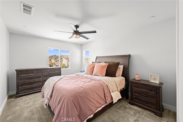 1772 Old Wagon Dr, Hemet, CA 92545 - bedroom featuring a ceiling fan, baseboards, light colored carpet, and visible vents