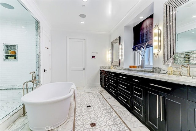 528 15th St, Manhattan Beach, CA 90266 - full bath with a sink, marble finish floor, a freestanding bath, ornamental molding, and double vanity