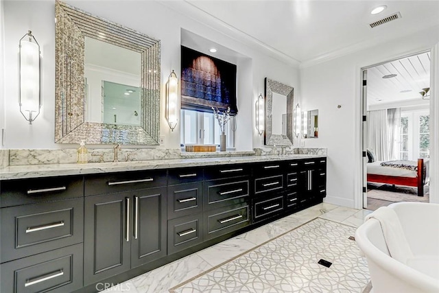 528 15th St, Manhattan Beach, CA 90266 - full bathroom featuring marble finish floor, a freestanding tub, crown molding, and visible vents