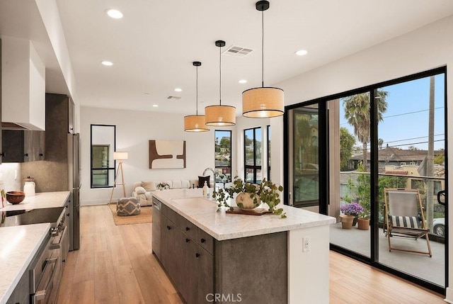 kitchen featuring a sink, dark brown cabinetry, light wood finished floors, recessed lighting, and stainless steel appliances