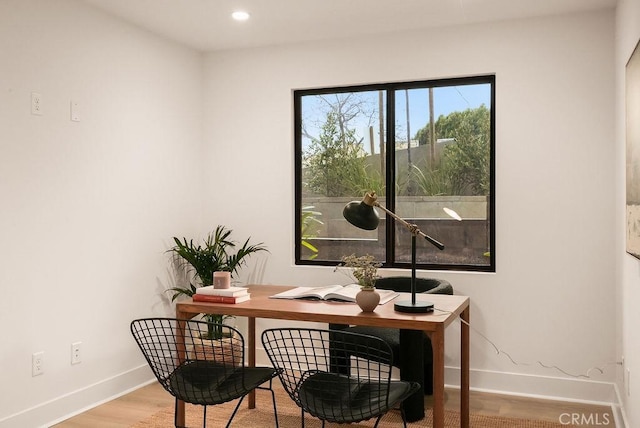 office space featuring wood finished floors, baseboards, and recessed lighting
