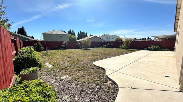 view of yard with a fenced backyard and a patio