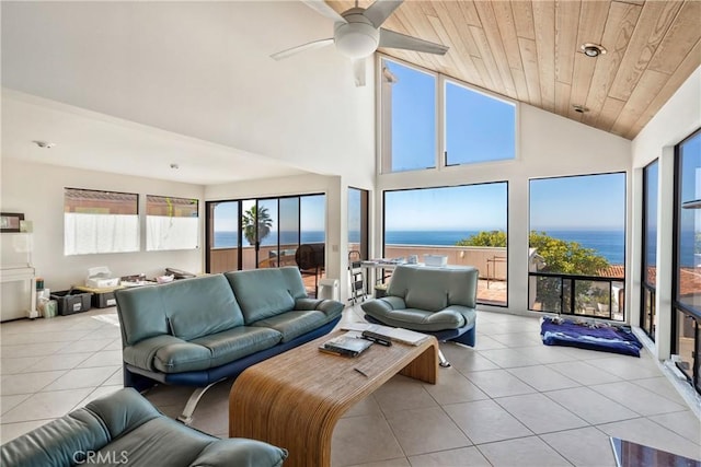 31706 Seacliff Dr, Laguna Beach, CA 92651 - tiled living area with a water view, ceiling fan, high vaulted ceiling, and wooden ceiling