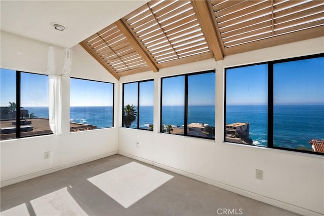 31706 Seacliff Dr, Laguna Beach, CA 92651 - unfurnished sunroom with a water view and vaulted ceiling with beams