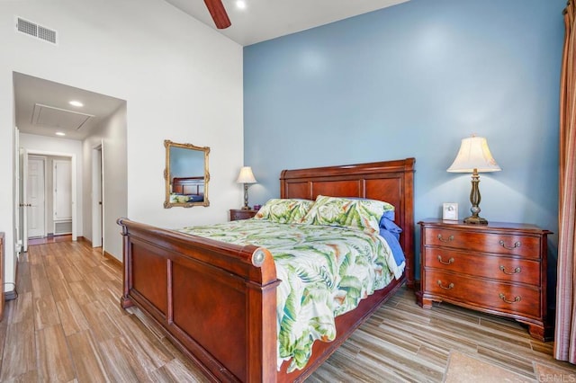 2722 Penkea Dr, Oceanside, CA 92054 - bedroom featuring attic access, light wood-style flooring, recessed lighting, baseboards, and a ceiling fan