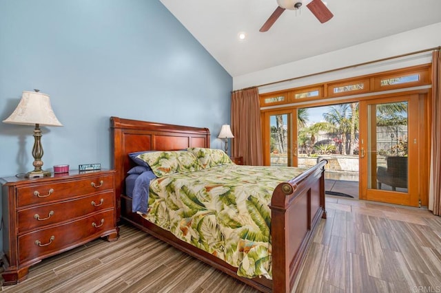 2722 Penkea Dr, Oceanside, CA 92054 - bedroom with access to outside, high vaulted ceiling, wood finished floors, and ceiling fan