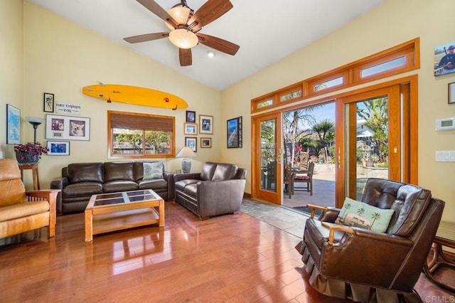 2722 Penkea Dr, Oceanside, CA 92054 - living area featuring wood finished floors, vaulted ceiling, and a ceiling fan