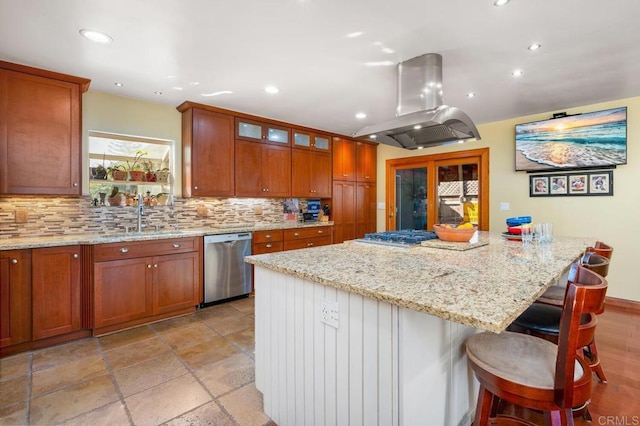 2722 Penkea Dr, Oceanside, CA 92054 - kitchen with stainless steel appliances, island exhaust hood, a sink, backsplash, and recessed lighting