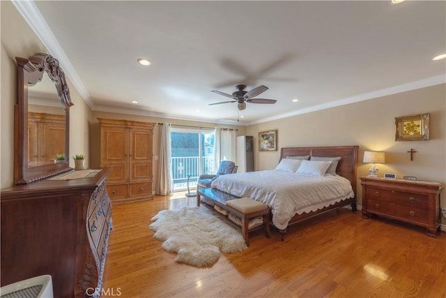bedroom with recessed lighting, ornamental molding, light wood finished floors, and access to exterior