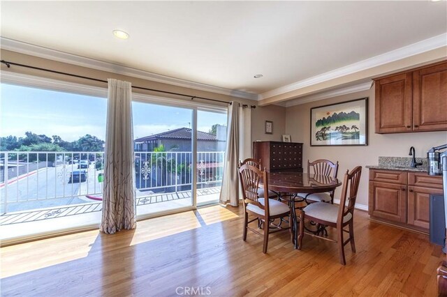 1516 W 5th St, San Pedro, CA 90732 - dining area with ornamental molding, light wood-type flooring, and recessed lighting