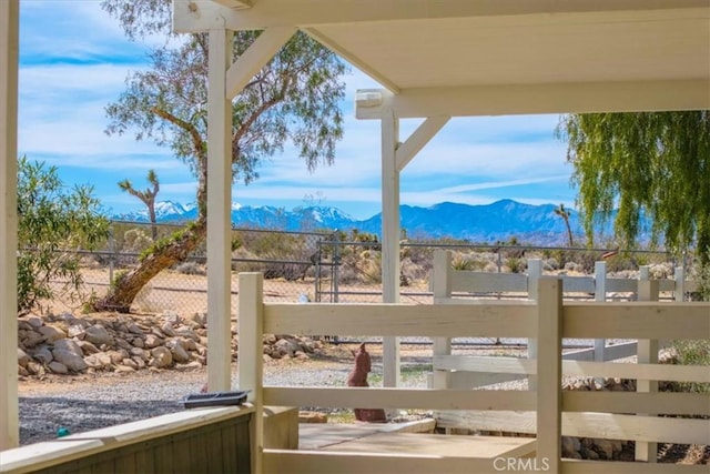 property view of water featuring fence and a mountain view