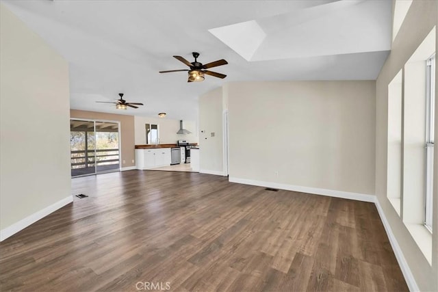 unfurnished living room with a ceiling fan, dark wood-style flooring, baseboards, and visible vents