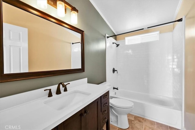 bathroom with toilet, vanity, and tub / shower combination