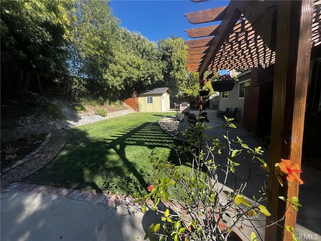 view of yard featuring a storage unit, an outbuilding, a pergola, and a patio