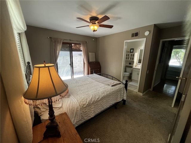 bedroom featuring connected bathroom, access to outside, ceiling fan, carpet floors, and visible vents