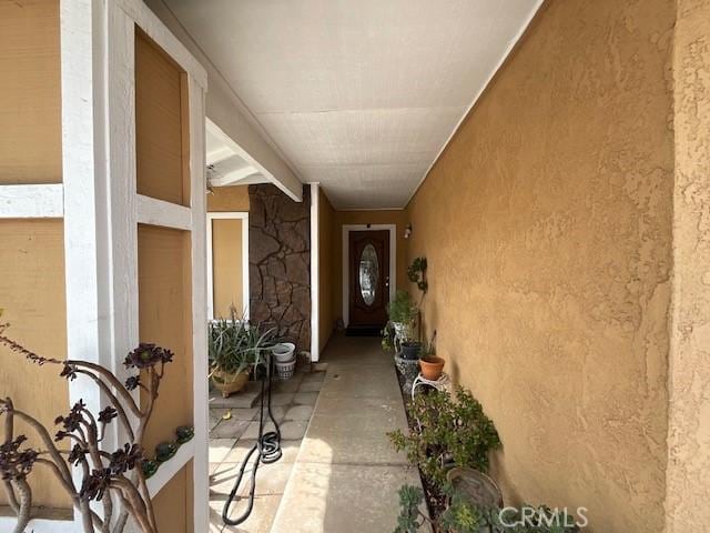 view of exterior entry with stucco siding