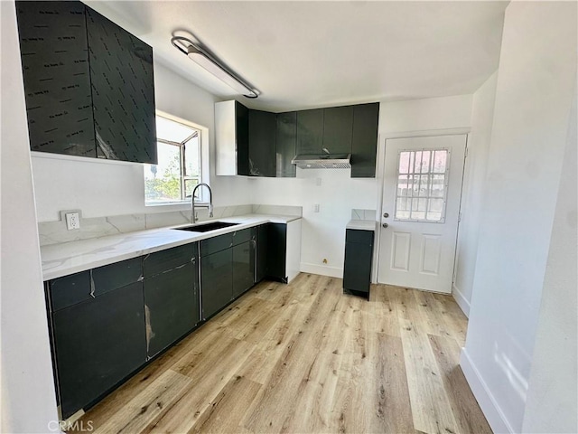 12219 S Main St, Los Angeles, CA 90061 - kitchen featuring light wood-style flooring, under cabinet range hood, and light stone countertops