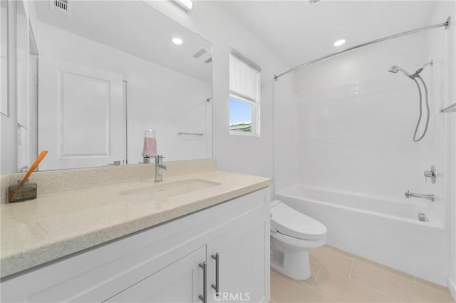 bathroom featuring toilet,  shower combination, visible vents, tile patterned flooring, and vanity