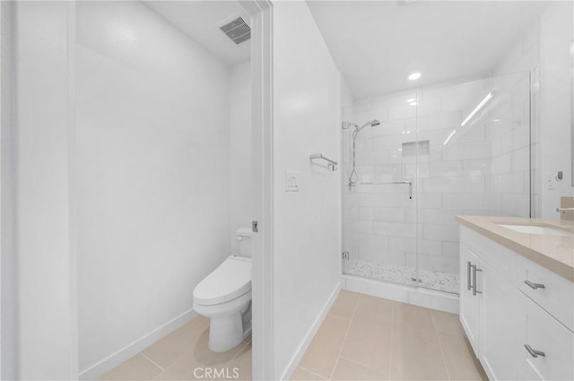 bathroom featuring tile patterned flooring, toilet, a shower stall, and vanity