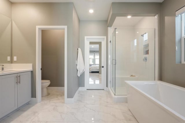 15751 Wainwright Way, San Diego, CA 92127 - ensuite bathroom with a freestanding tub, a stall shower, vanity, and marble look tile flooring