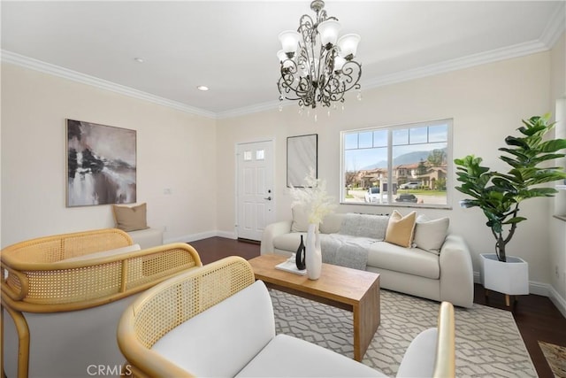 living room featuring a chandelier, baseboards, ornamental molding, wood finished floors, and recessed lighting