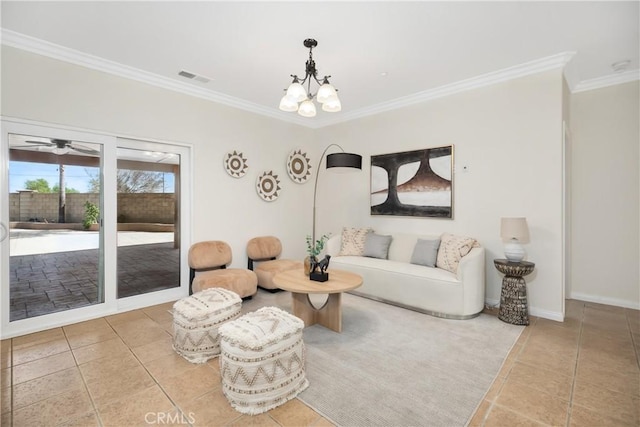 tiled living area with baseboards, ornamental molding, visible vents, and ceiling fan with notable chandelier