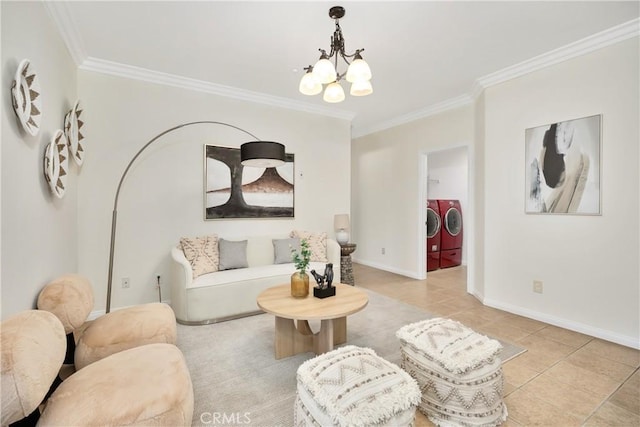 living room featuring light tile patterned floors, washer and dryer, crown molding, and a notable chandelier